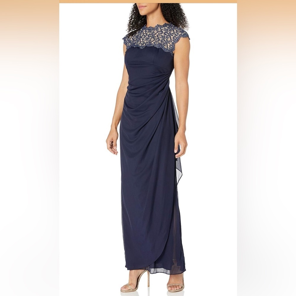 Alex Evenings Navy Blue Ruched Maxi Gown 16